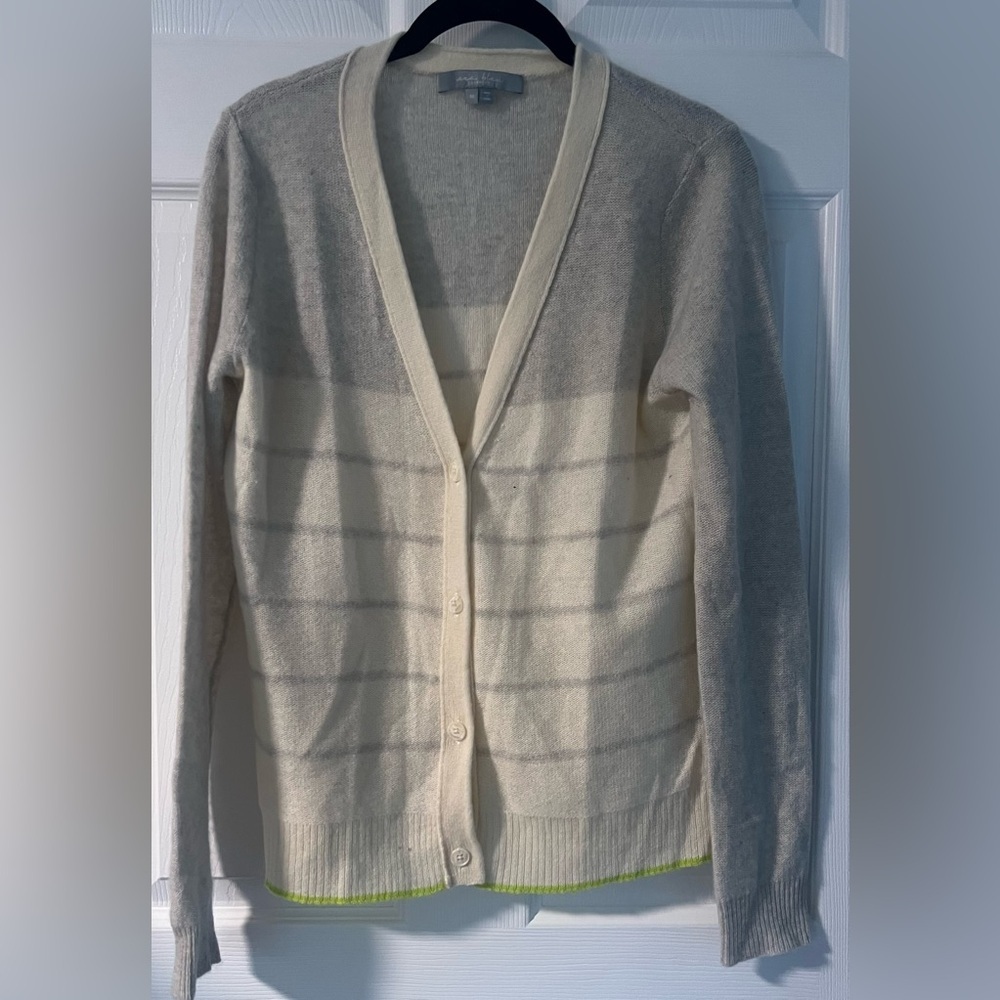 Women's Sea Bleu Gray/Cream/Green Cashmere Button Down Cardigan Sweater